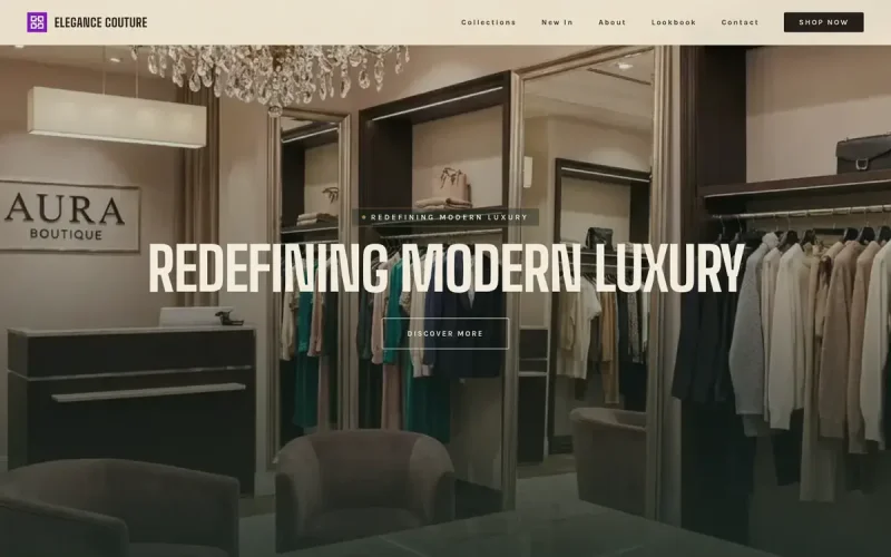 Template website butik premium dengan foto interior dan tipografi besar dari Webnify.