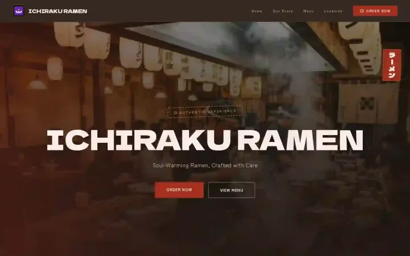Template website Ichiraku Ramen dengan foto restoran Jepang dari Webnify.